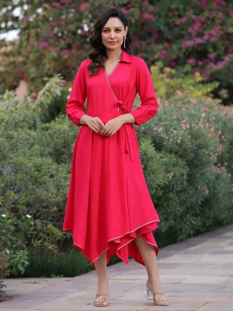 Women Fuchsia Asymmetrical Hem Dress, With V-neck