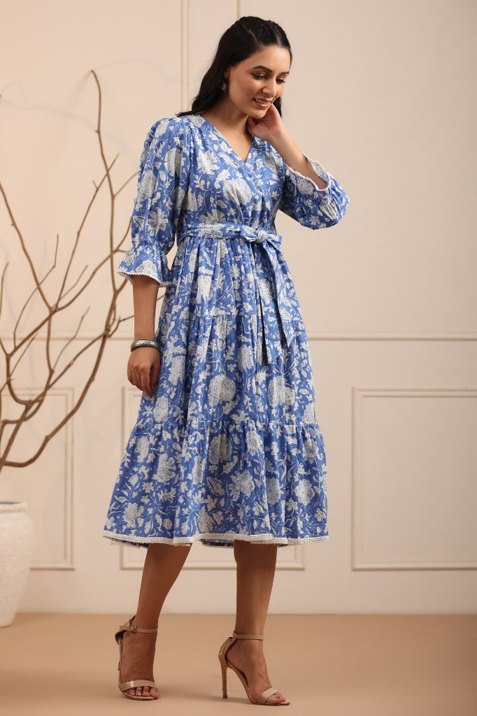 Women Blue and White Floral Fit & Flare Dress