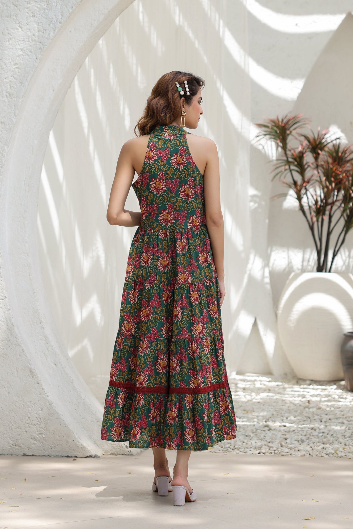 Women Green & Maroon Floral Printed Cotton A Line Ethnic Dresses