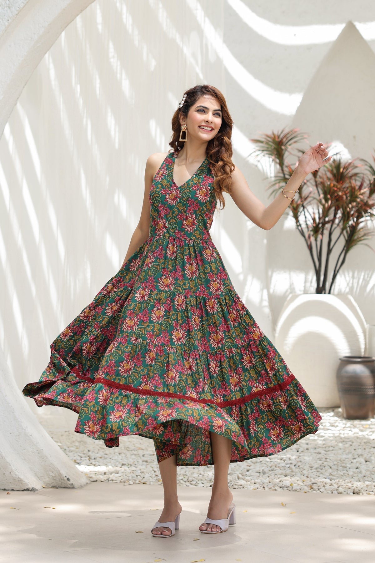 Women Green & Maroon Floral Printed Cotton A Line Ethnic Dresses