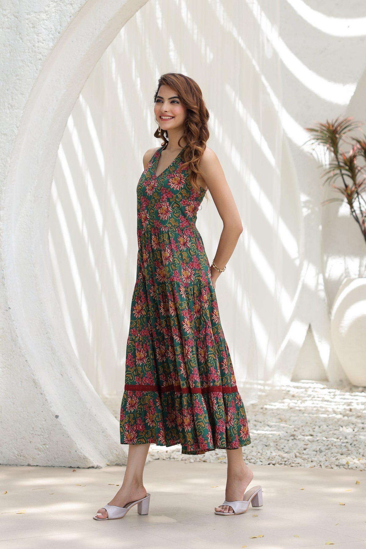 Women Green & Maroon Floral Printed Cotton A Line Ethnic Dresses