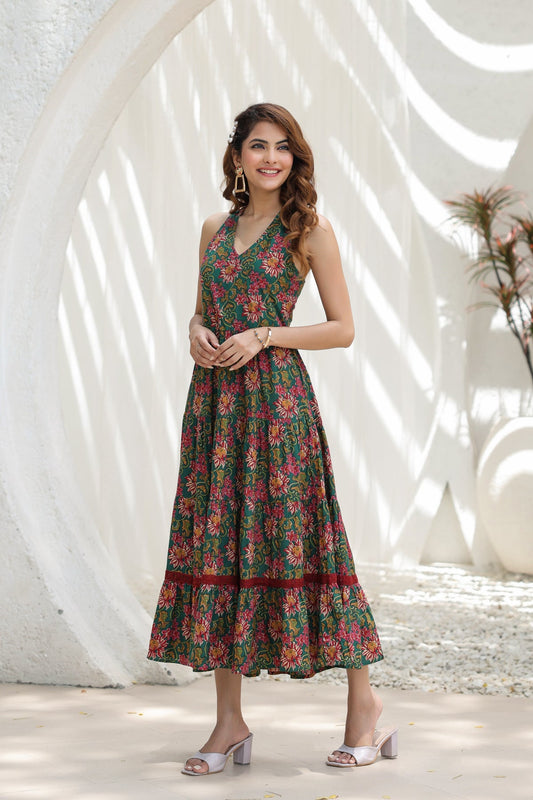 Women Green & Maroon Floral Printed Cotton A Line Ethnic Dresses
