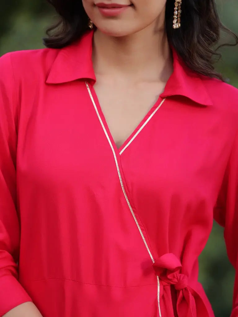 Women Fuchsia Asymmetrical Hem Dress, With V-neck