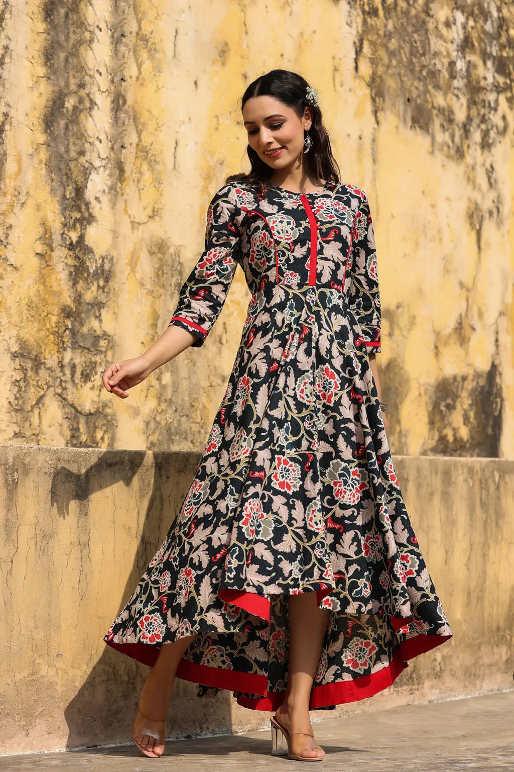 Women Black & Beige Floral A-Line Maxi Dress