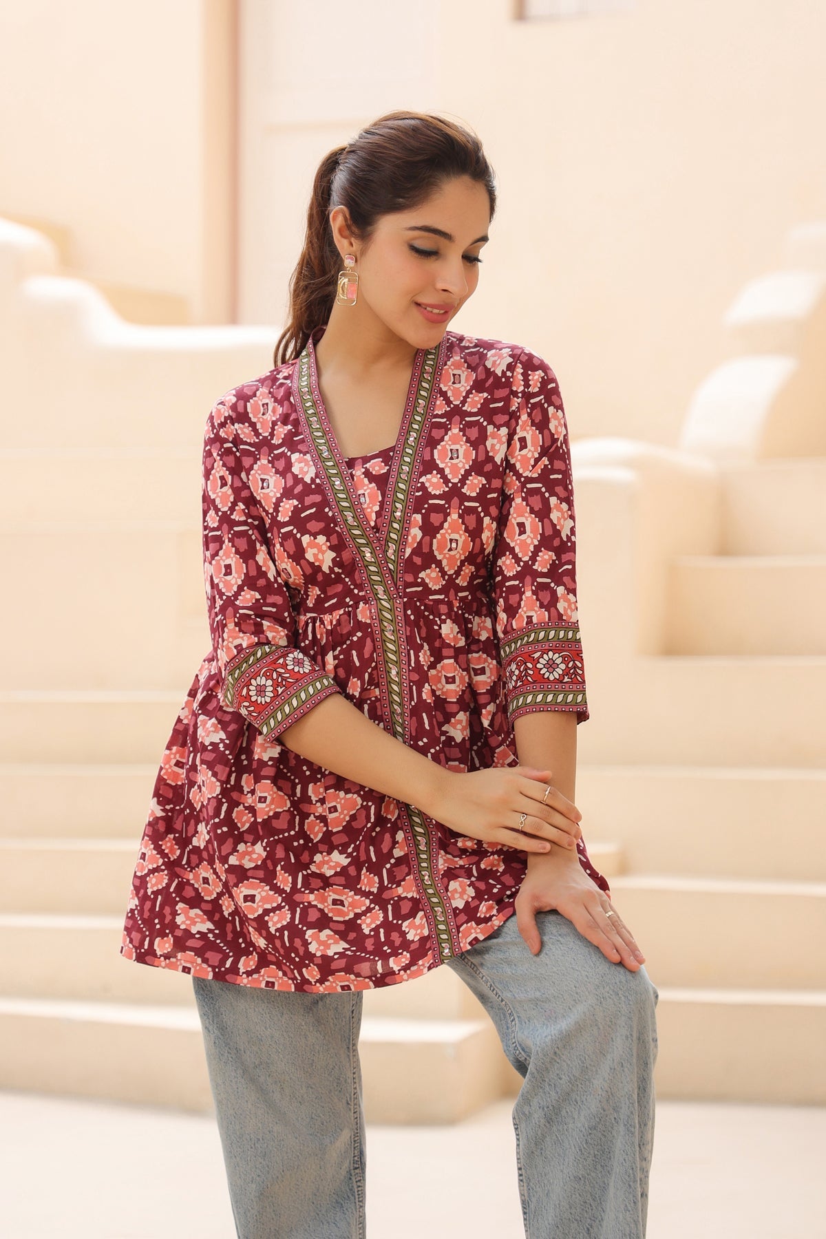 Abstract Printed V-Neck Cotton Top