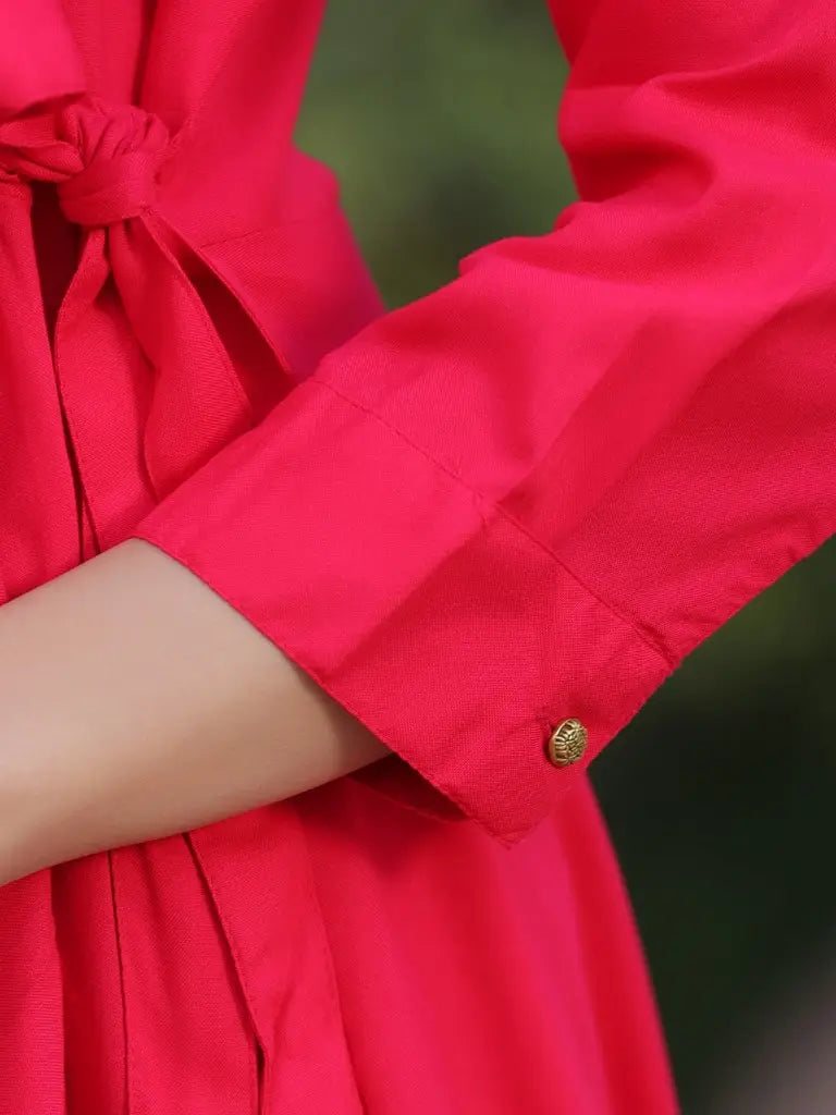 Women Fuchsia Asymmetrical Hem Dress, With V-neck
