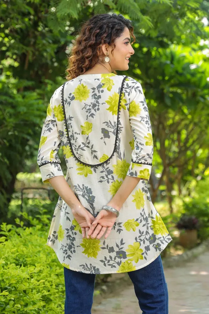 Cream & Green Floral Lace Kurti