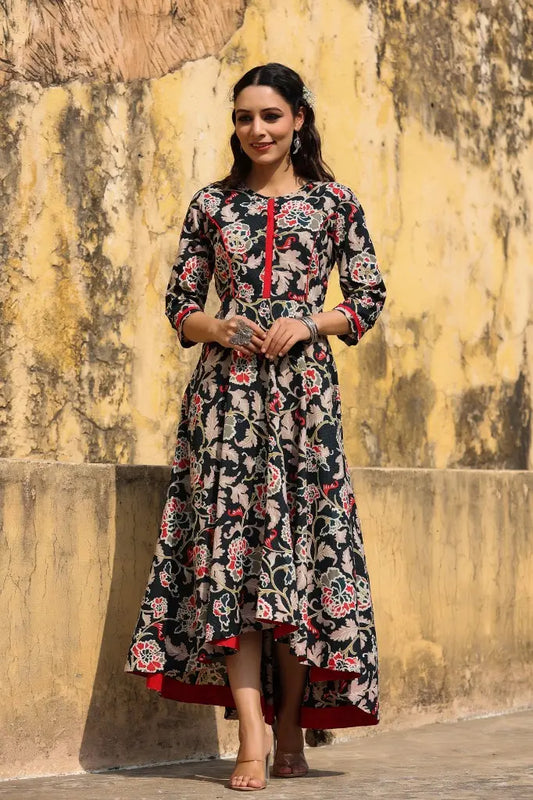 Women Black & Beige Floral A-Line Maxi Dress